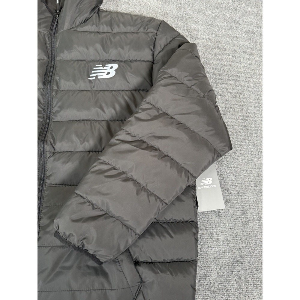 NWT New Balance Tech Puffer Hooded Jacket Mens Medium Black Comfort Fit Full Zip - Picture 2 of 14